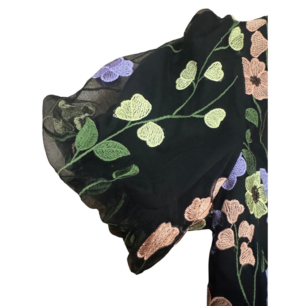 Adelyn Rae Black Multi Floral Embroidered Puff Sleeve V Neck Mini Dress Size S - Picture 11 of 14
